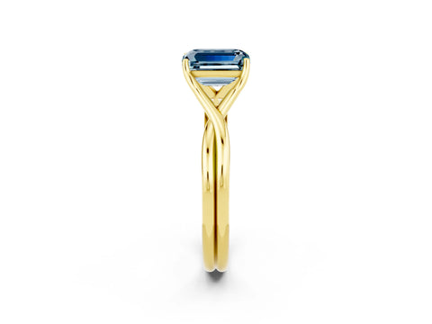 Yellow gold Emerald Cut Aquamarine Solitaire Twist Band Prong Setting Ring_44