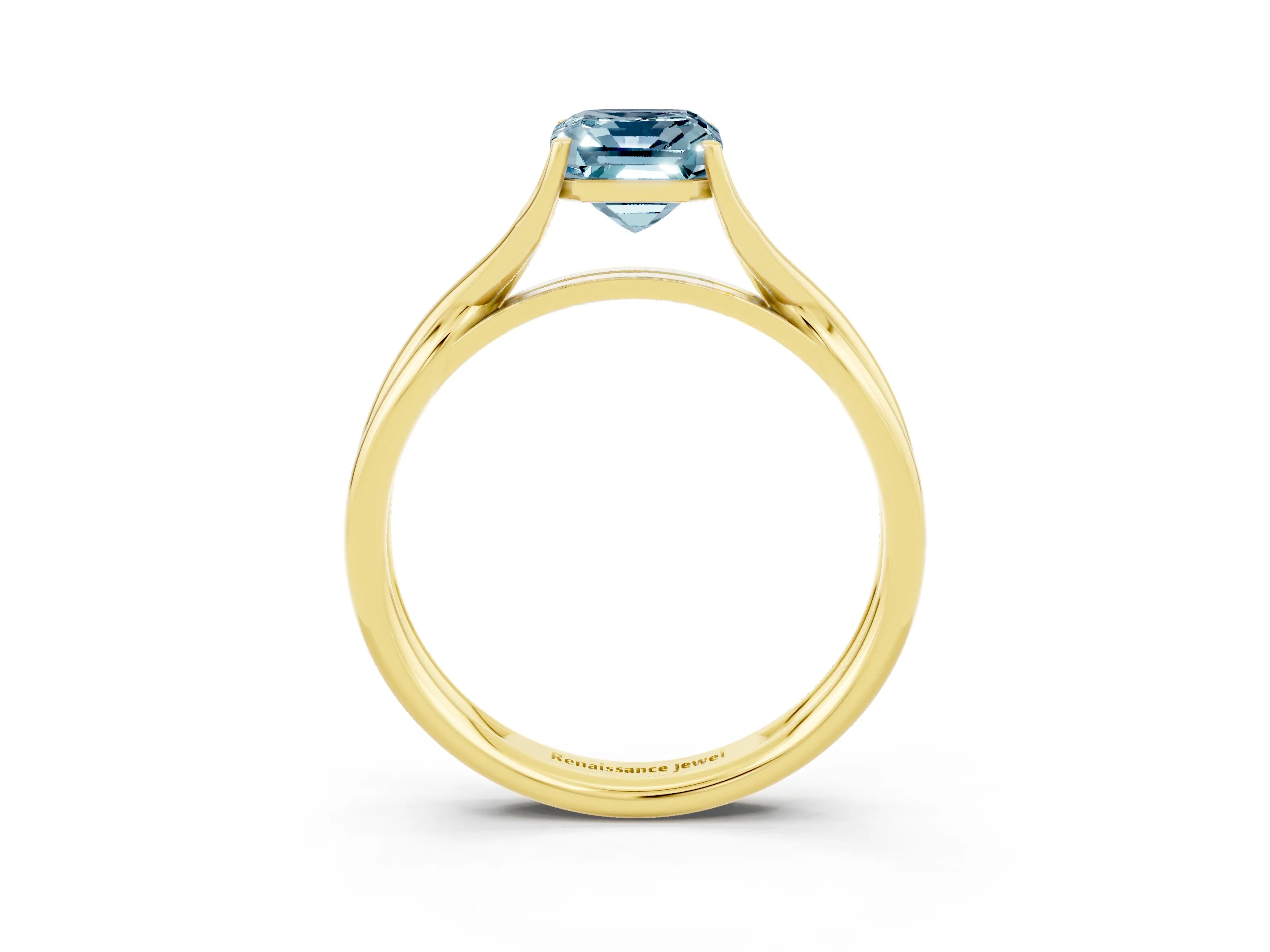 Yellow gold Emerald Cut Aquamarine Solitaire Twist Band Prong Setting Ring_45