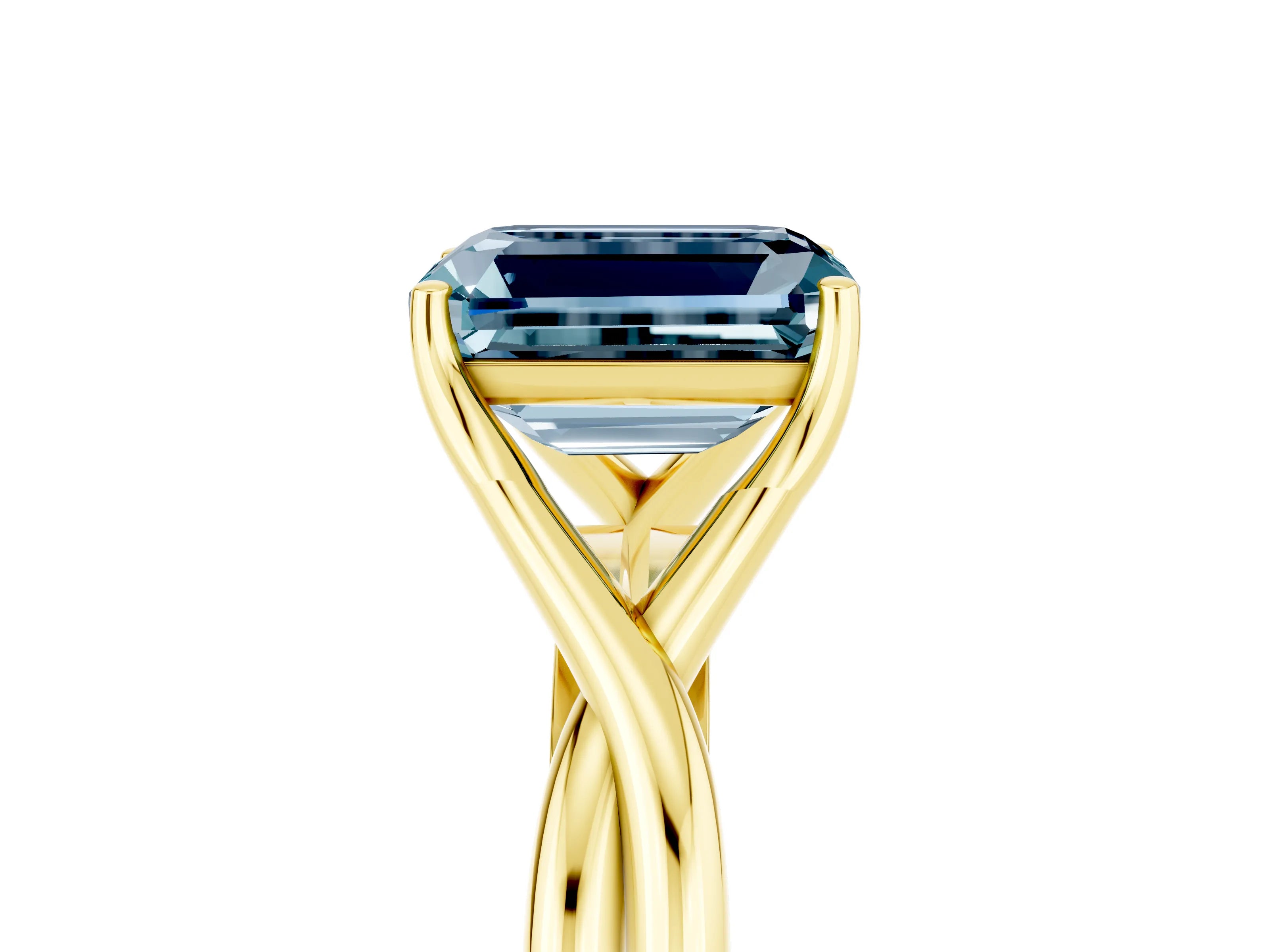 Yellow gold Emerald Cut Aquamarine Solitaire Twist Band Prong Setting Ring_47