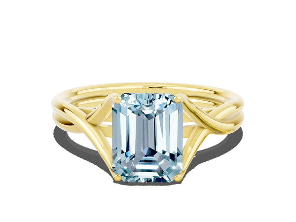Yellow gold Emerald Cut Aquamarine Solitaire Twist Band Prong Setting Ring
