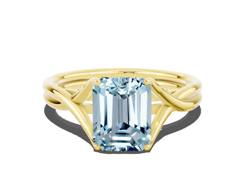 Yellow gold Emerald Cut Aquamarine Solitaire Twist Band Prong Setting Ring_56