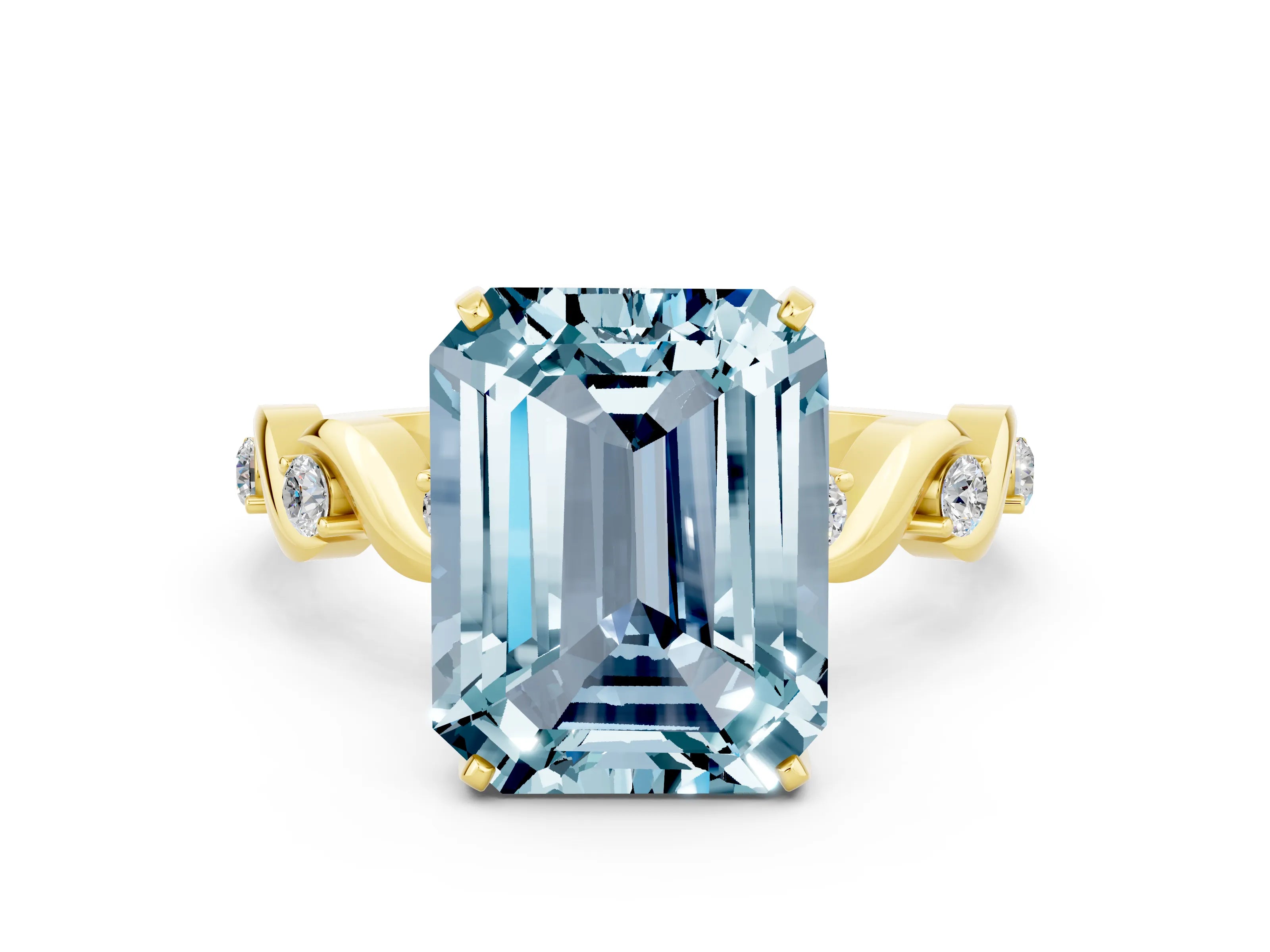 Yellow gold Emerald Cut Aquamarine Solitaire Twisted Band with Round  Accents and Prong Setting_12