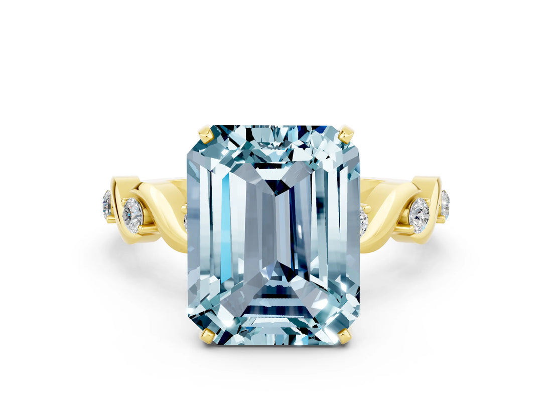 Yellow gold Emerald Cut Aquamarine Solitaire Twisted Band with Round  Accents and Prong Setting_12