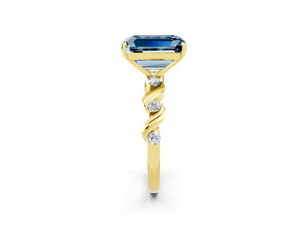 Yellow gold Emerald Cut Aquamarine Solitaire Twisted Band with Round  Accents and Prong Setting