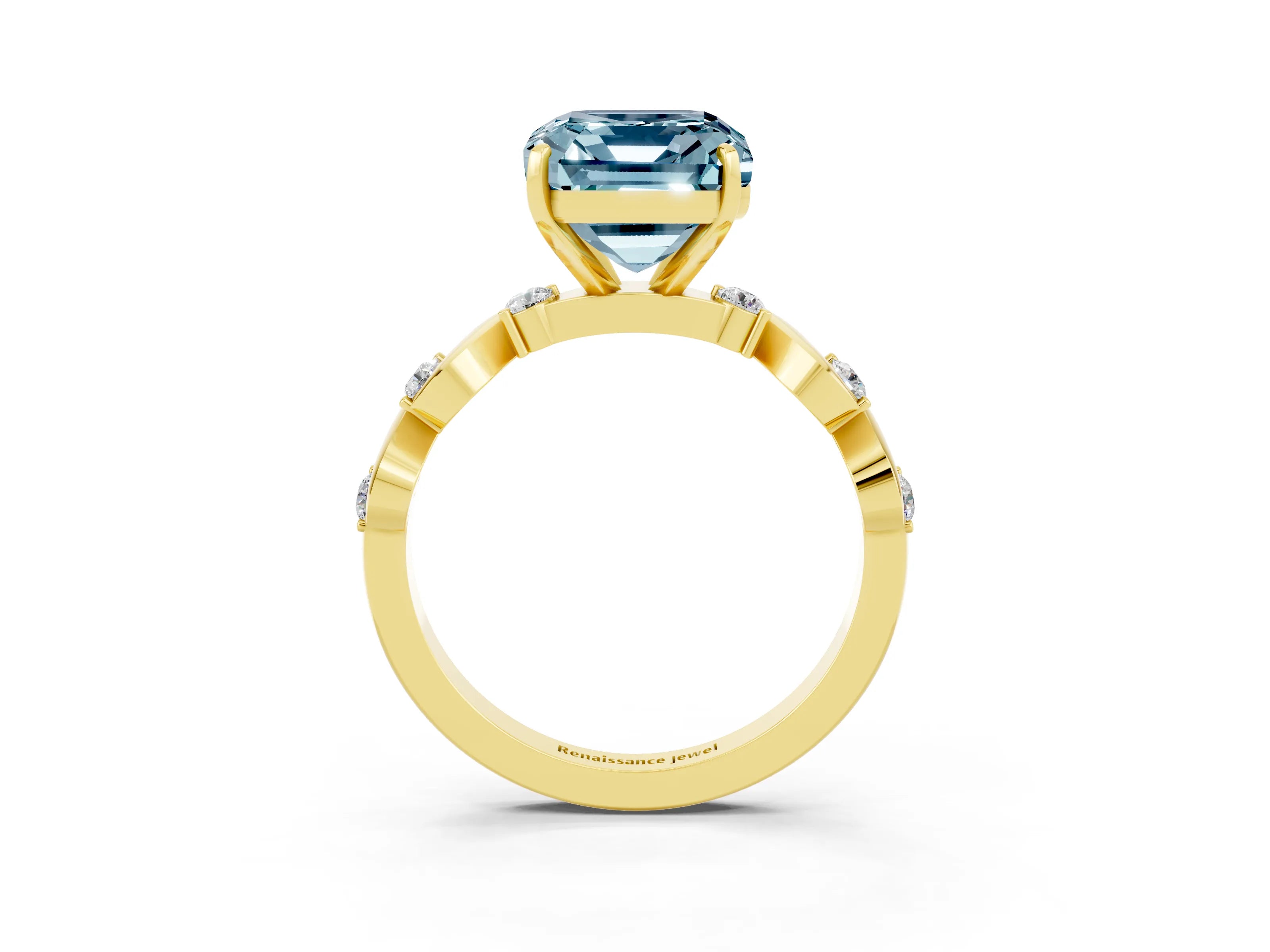 Yellow gold Emerald Cut Aquamarine Solitaire Twisted Band with Round  Accents and Prong Setting_15