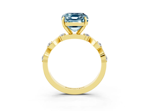 Yellow gold Emerald Cut Aquamarine Solitaire Twisted Band with Round  Accents and Prong Setting