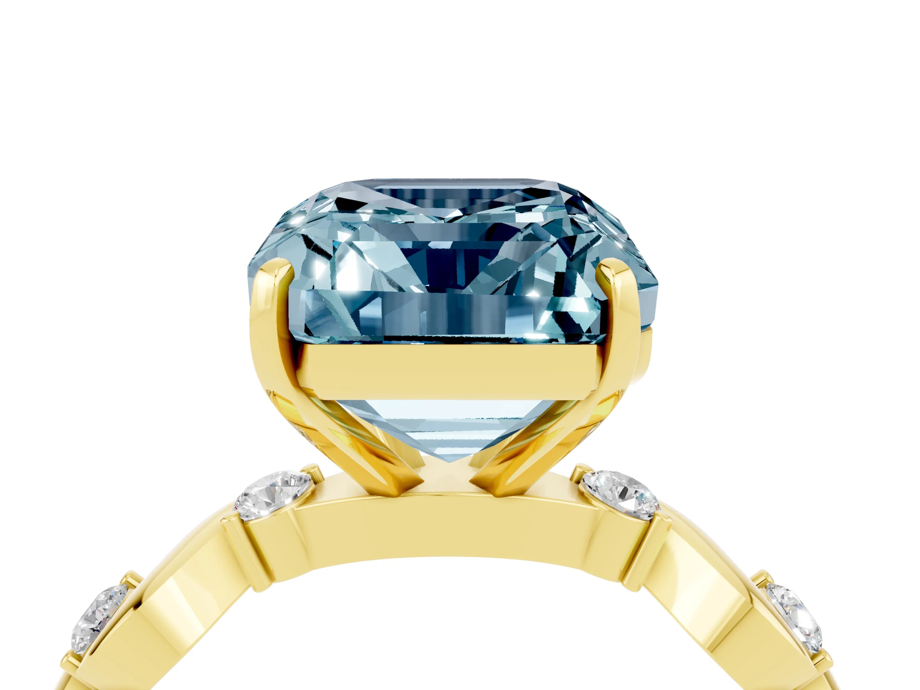 Yellow gold Emerald Cut Aquamarine Solitaire Twisted Band with Round  Accents and Prong Setting_16