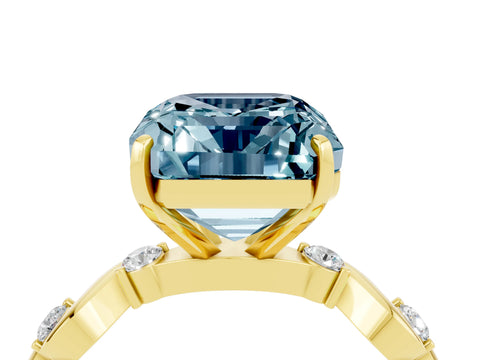 Yellow gold Emerald Cut Aquamarine Solitaire Twisted Band with Round  Accents and Prong Setting_16