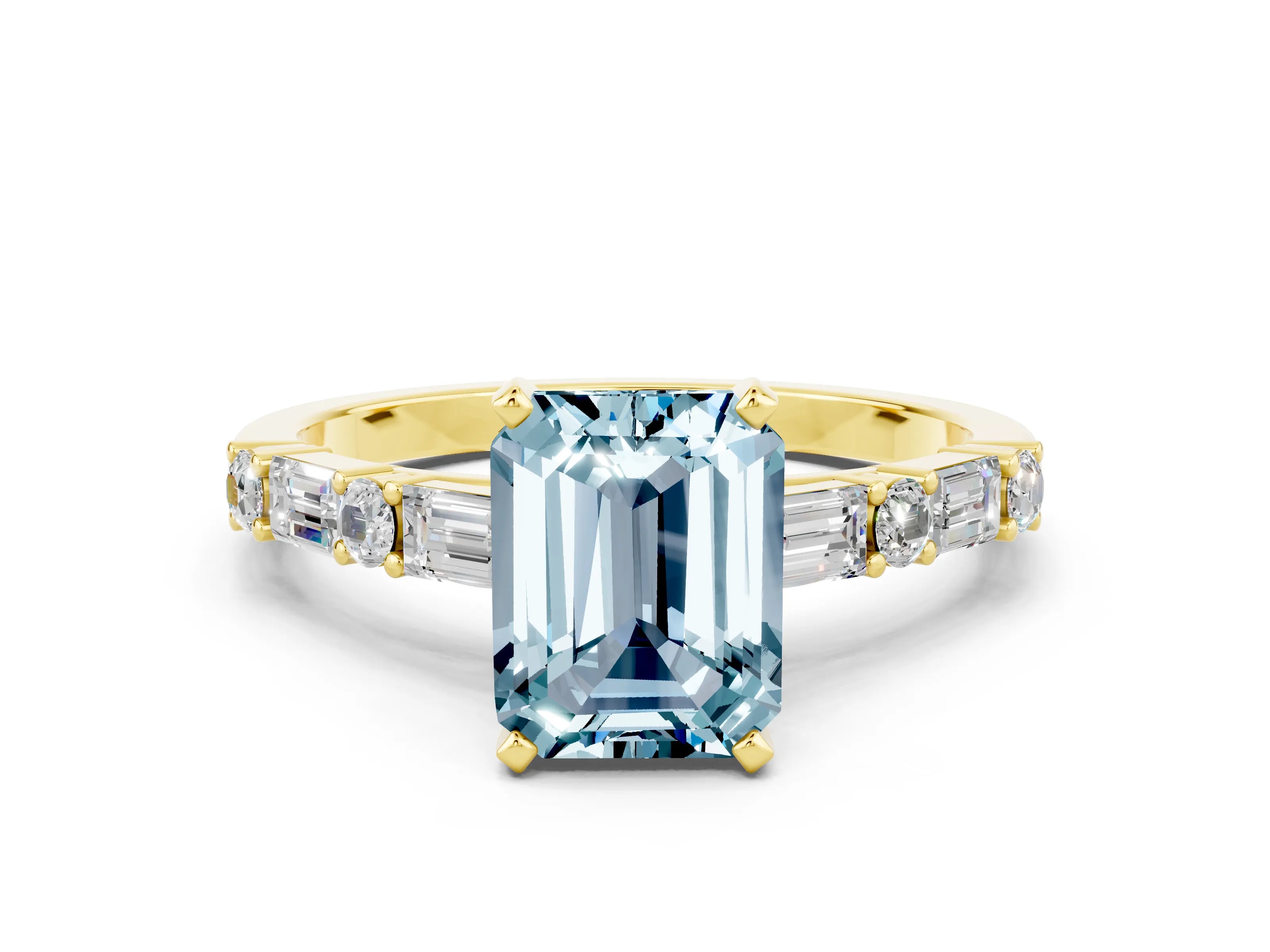 Yellow gold Emerald Cut Aquamarine Solitaire with Side Baguettes and Channel Set Band