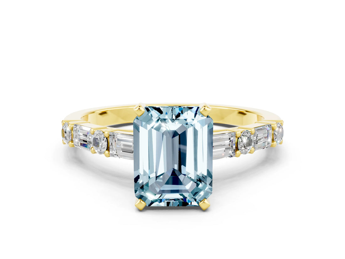 Yellow gold Emerald Cut Aquamarine Solitaire with Side Baguettes and Channel Set Band