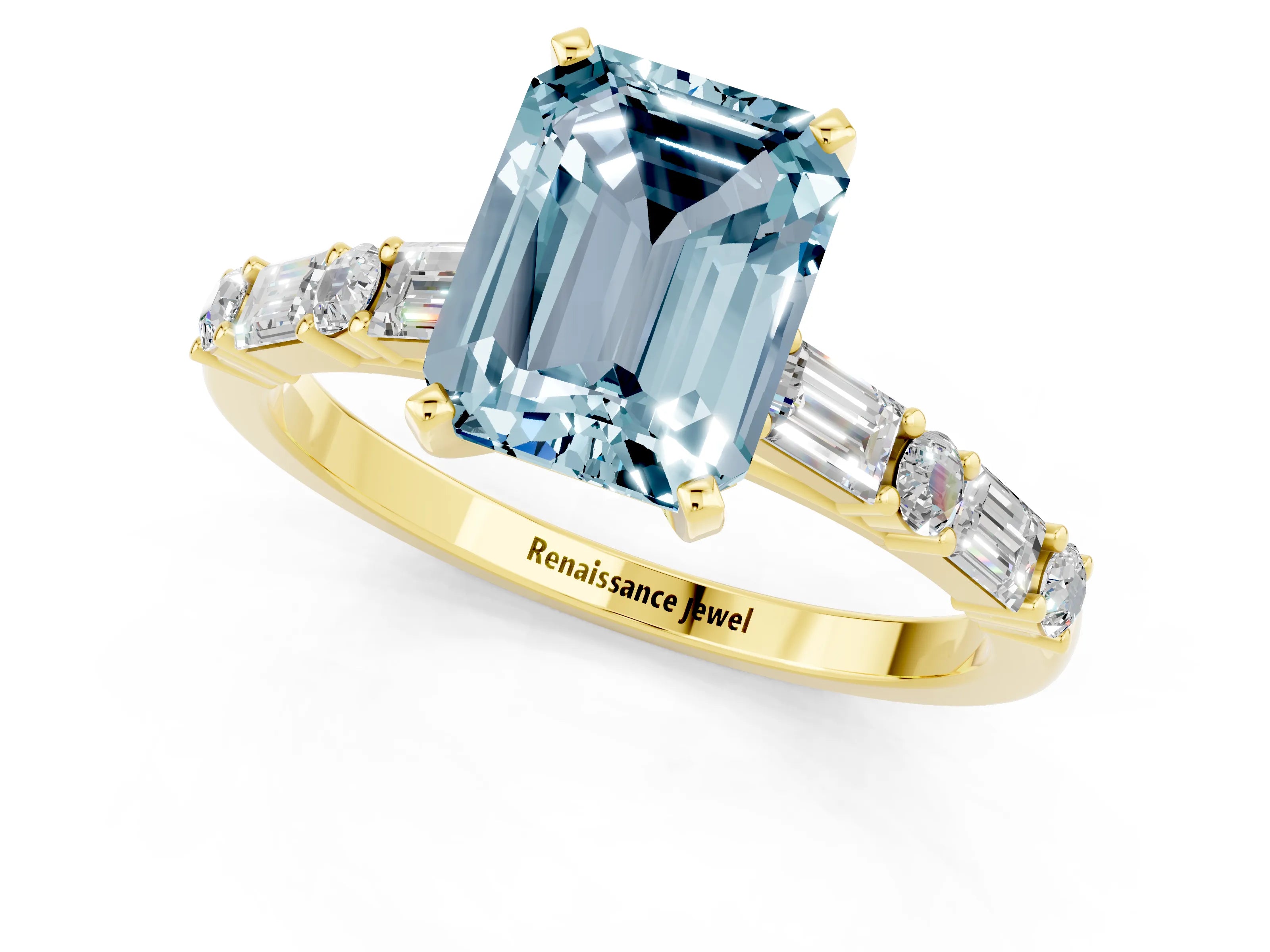 Yellow gold Emerald Cut Aquamarine Solitaire with Side Baguettes and Channel Set Band_1