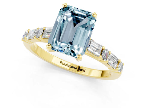 Yellow gold Emerald Cut Aquamarine Solitaire with Side Baguettes and Channel Set Band_1