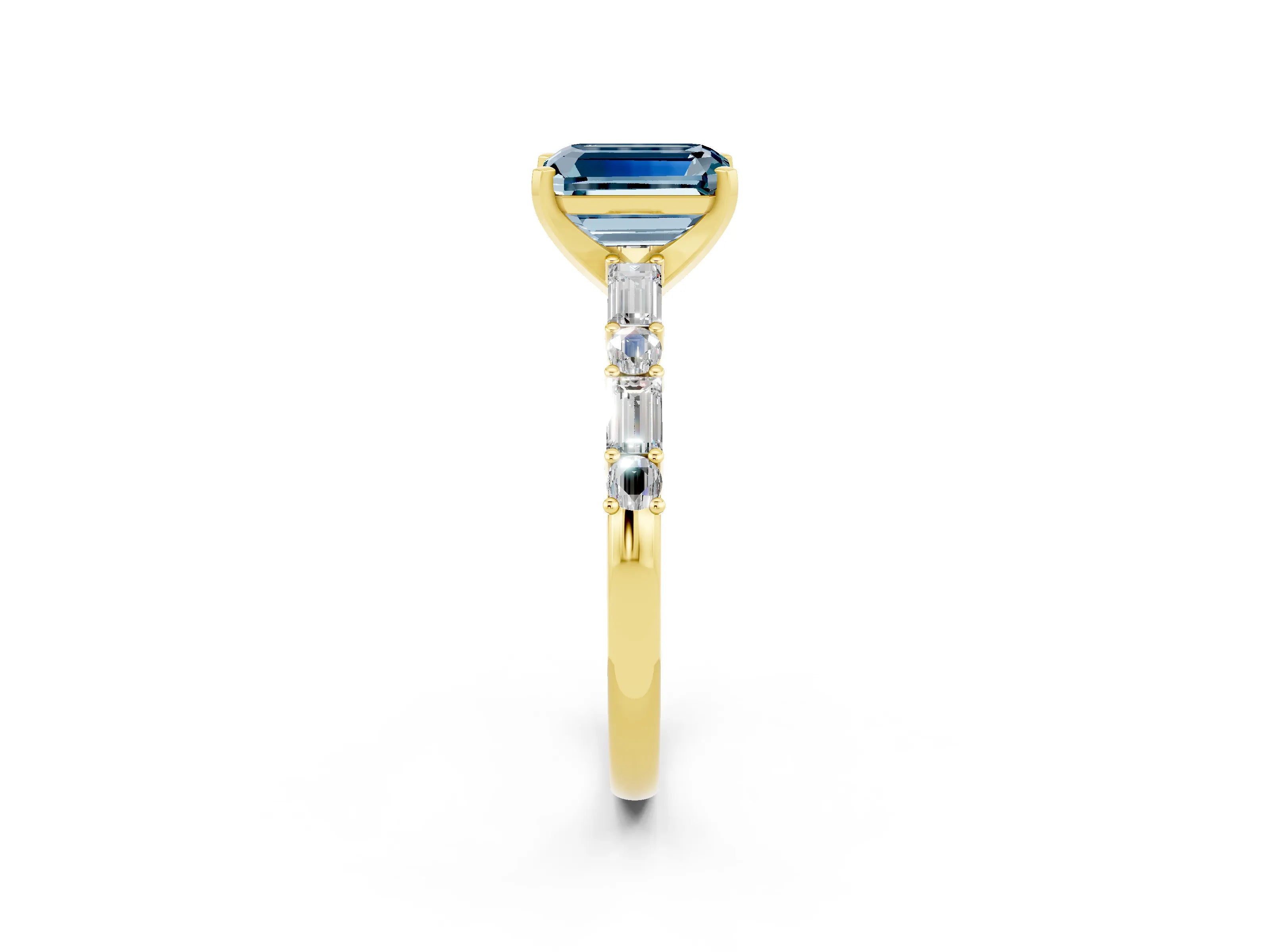 Yellow gold Emerald Cut Aquamarine Solitaire with Side Baguettes and Channel Set Band_2