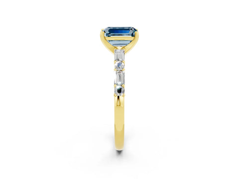 Yellow gold Emerald Cut Aquamarine Solitaire with Side Baguettes and Channel Set Band_2