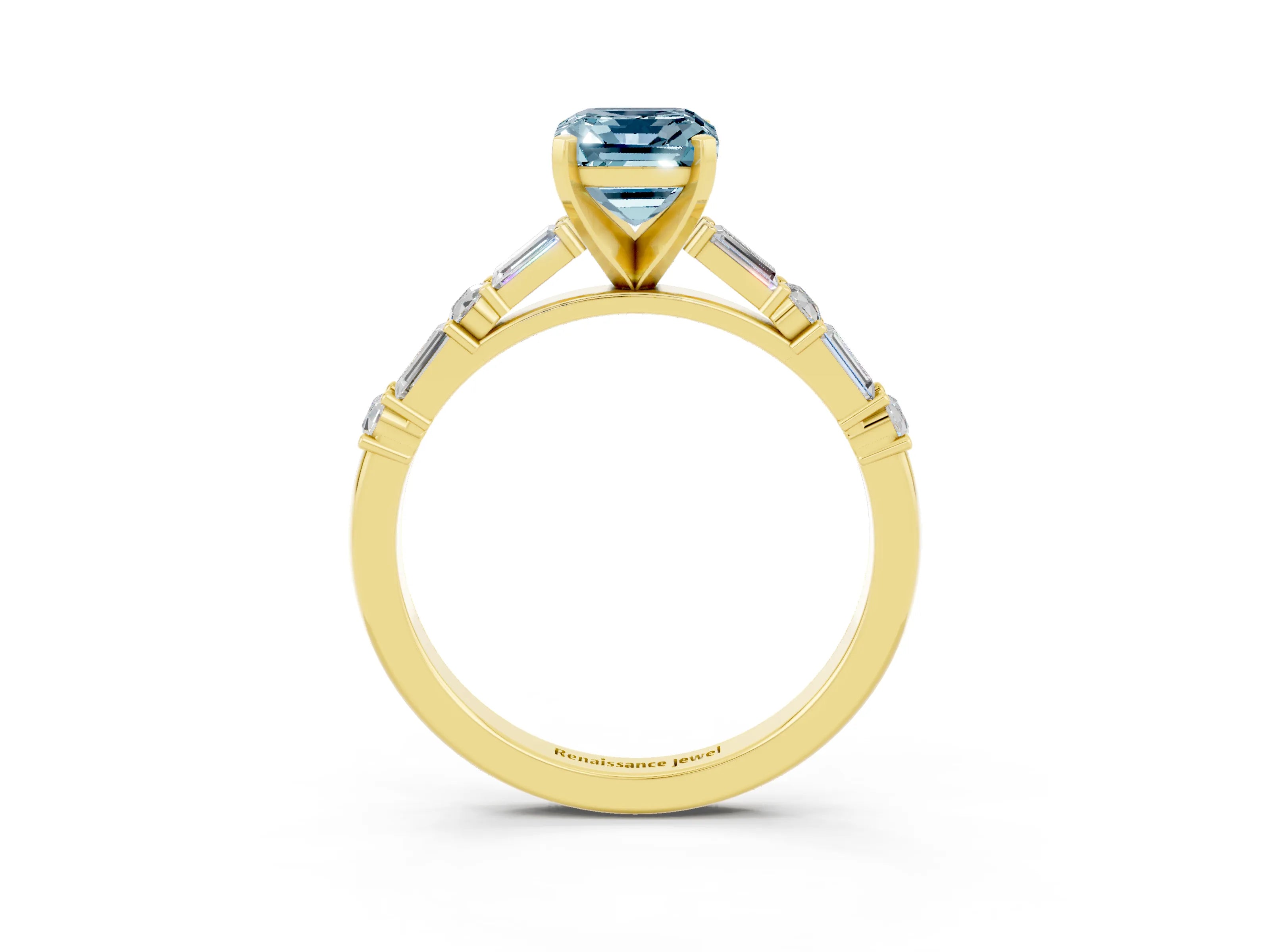 Yellow gold Emerald Cut Aquamarine Solitaire with Side Baguettes and Channel Set Band_3