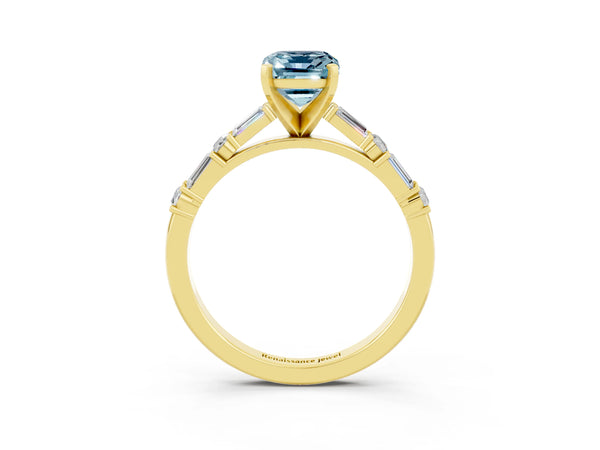Yellow gold Emerald Cut Aquamarine Solitaire with Side Baguettes and Channel Set Band