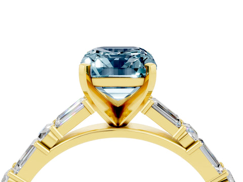 Yellow gold Emerald Cut Aquamarine Solitaire with Side Baguettes and Channel Set Band_4