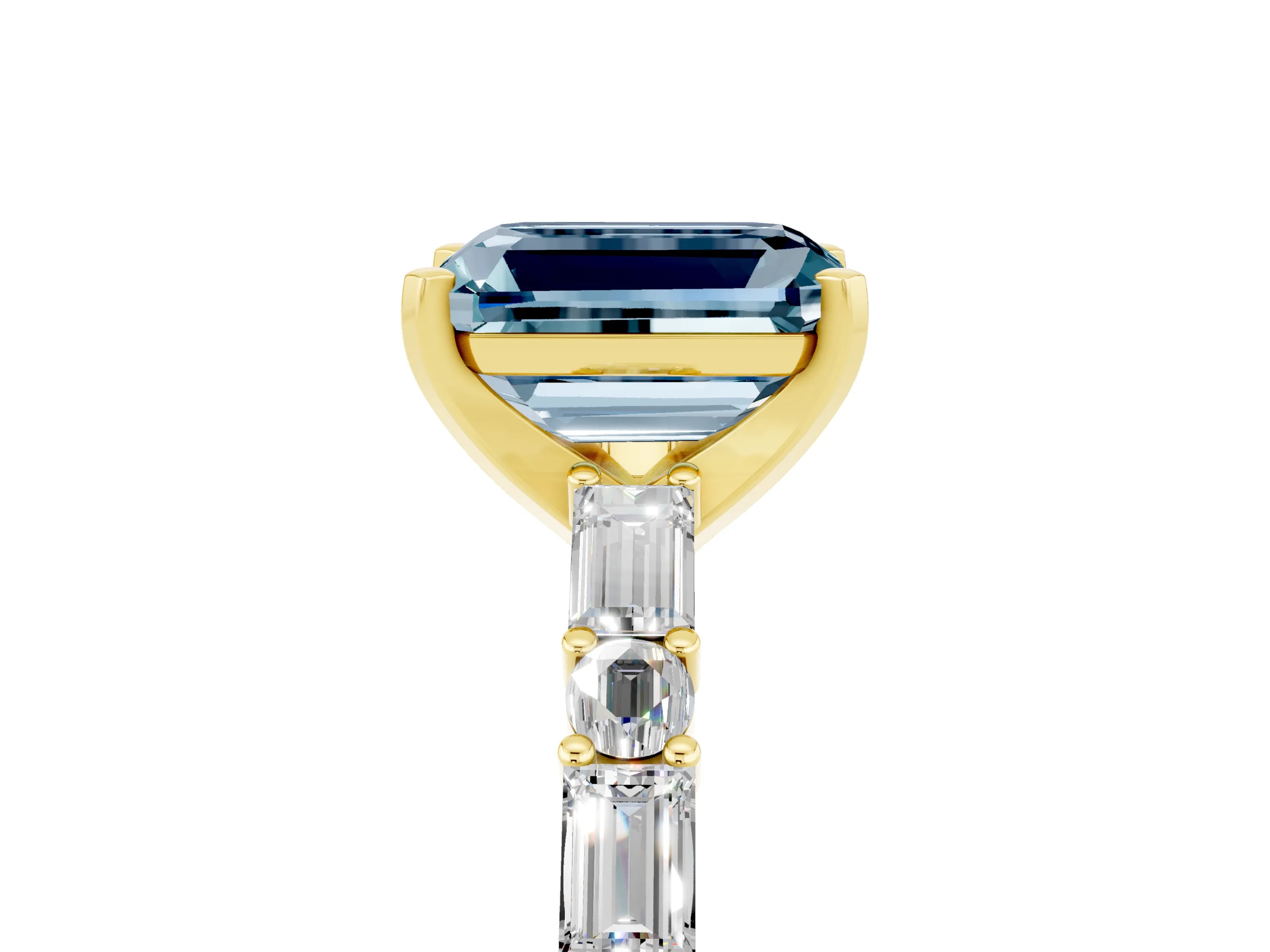 Yellow gold Emerald Cut Aquamarine Solitaire with Side Baguettes and Channel Set Band_5