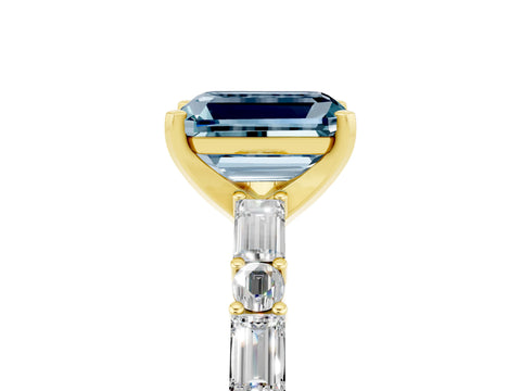 Yellow gold Emerald Cut Aquamarine Solitaire with Side Baguettes and Channel Set Band_5