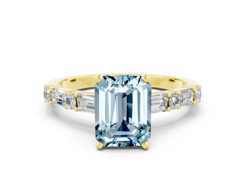 Yellow gold Emerald Cut Aquamarine Solitaire with Side Baguettes and Channel Set Band