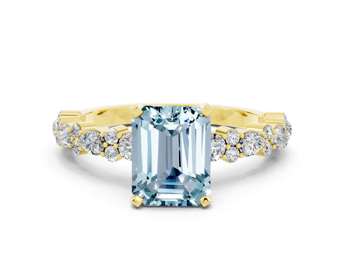 Yellow gold Emerald Cut Aquamarine Solitaire with Side Stones, Pave Band, Four-Prong Setting_48