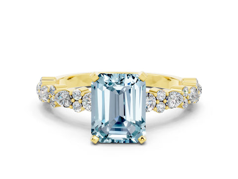 Yellow gold Emerald Cut Aquamarine Solitaire with Side Stones, Pave Band, Four-Prong Setting_48