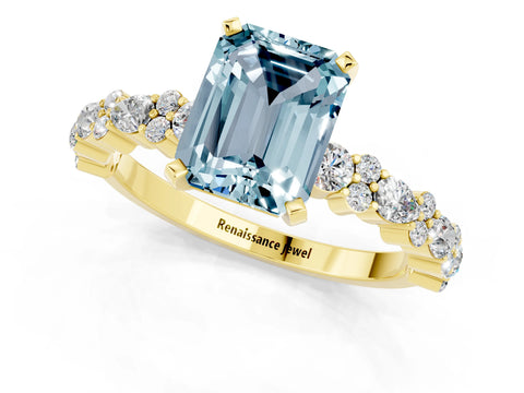 Yellow gold Emerald Cut Aquamarine Solitaire with Side Stones, Pave Band, Four-Prong Setting_49