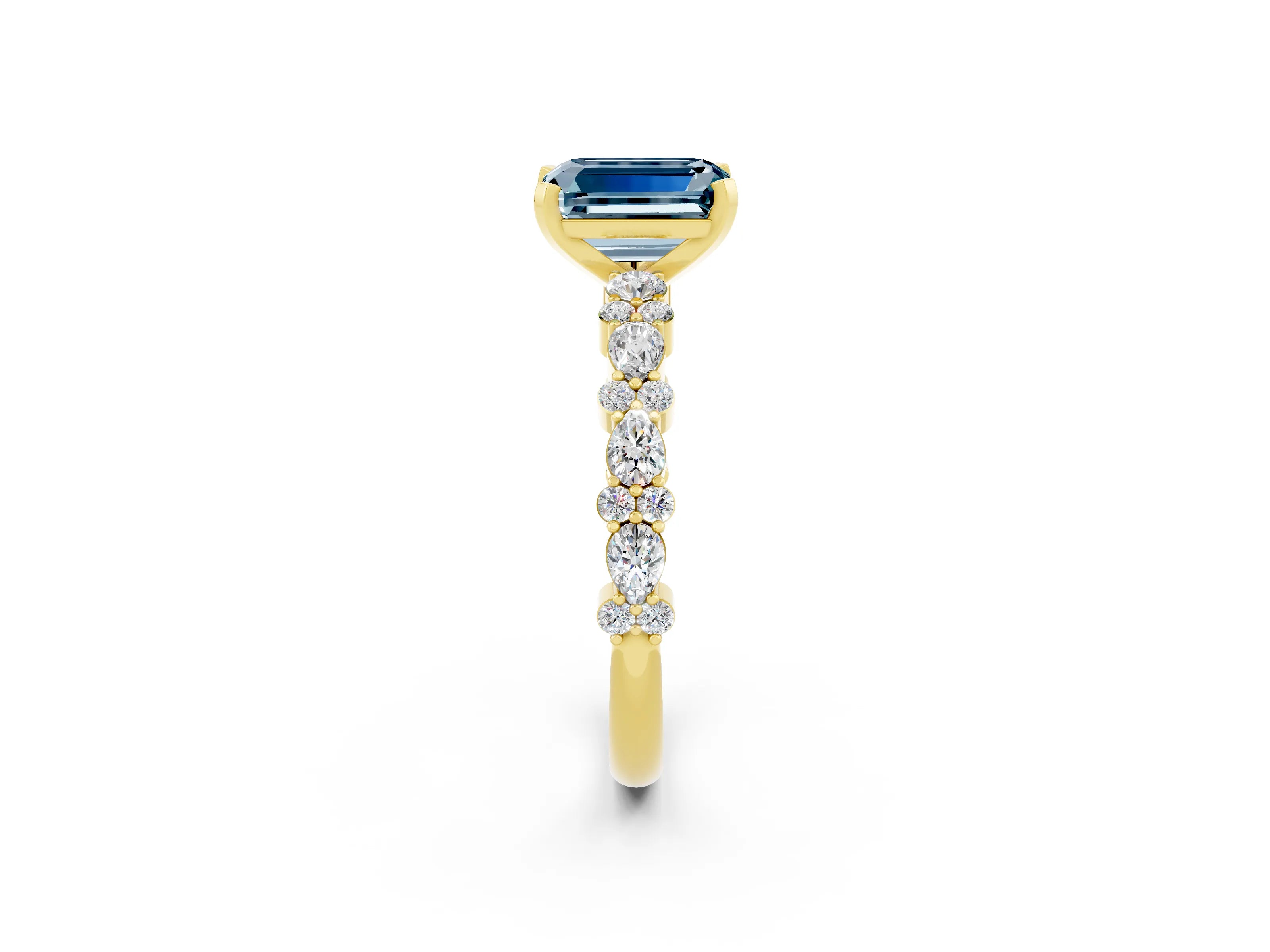 Yellow gold Emerald Cut Aquamarine Solitaire with Side Stones, Pave Band, Four-Prong Setting_50