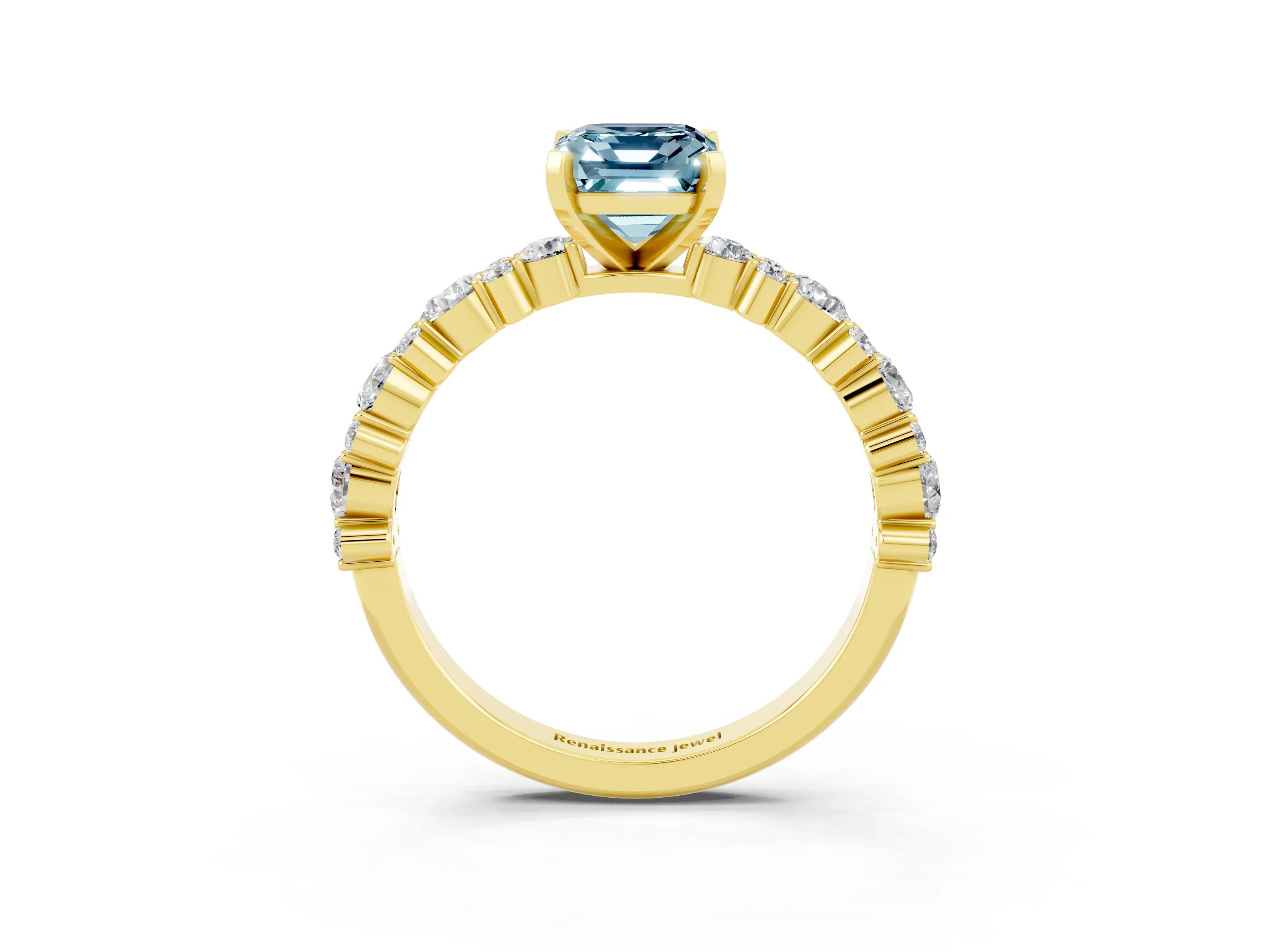 Yellow gold Emerald Cut Aquamarine Solitaire with Side Stones, Pave Band, Four-Prong Setting_51
