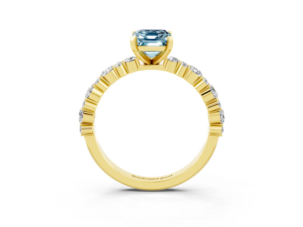 Yellow gold Emerald Cut Aquamarine Side Stone Solitaire Ring with Round  and Four-Prong Setting