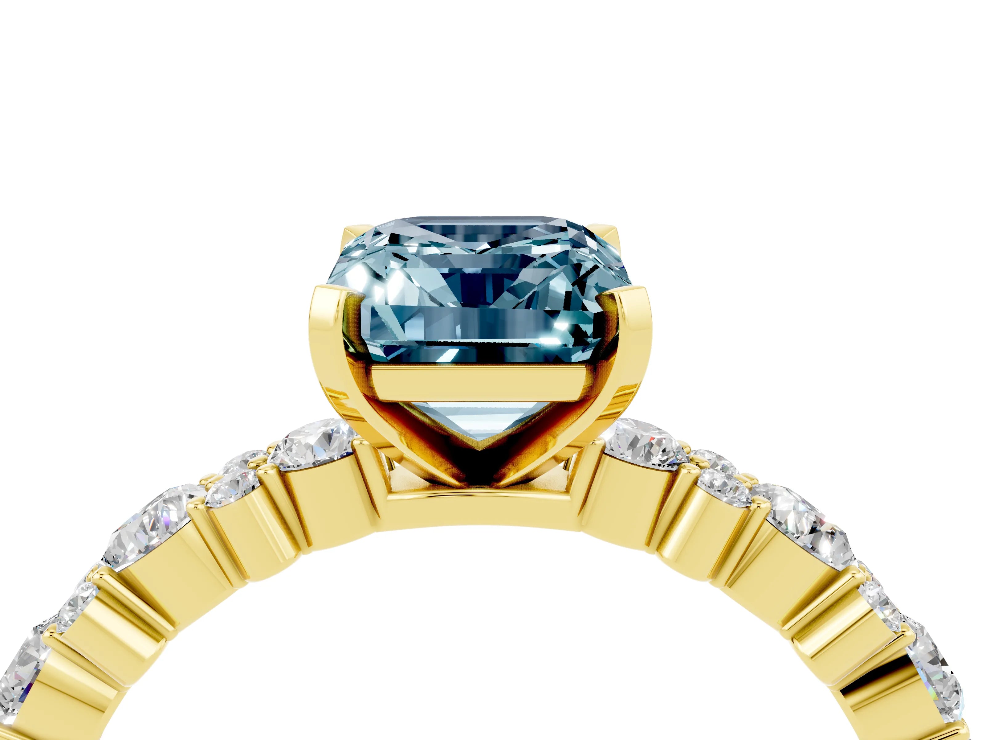 Yellow gold Emerald Cut Aquamarine Solitaire with Side Stones, Pave Band, Four-Prong Setting_52