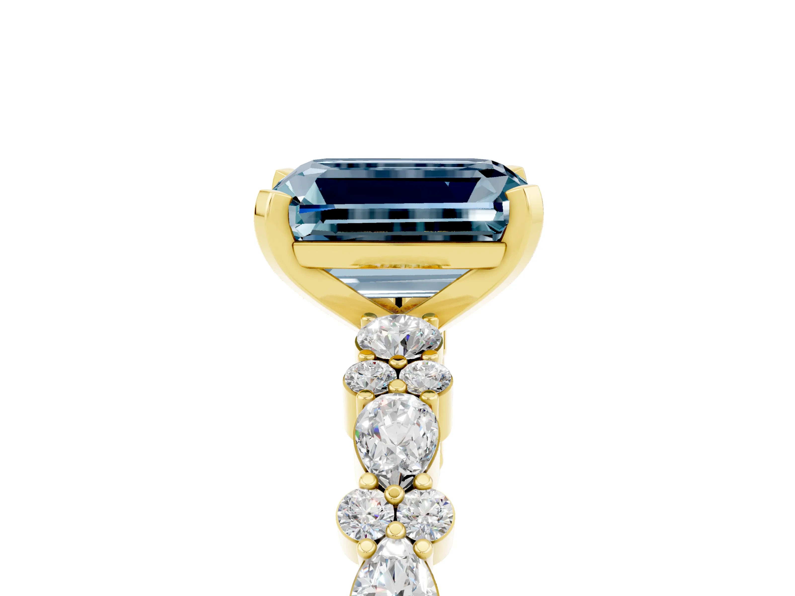 Yellow gold Emerald Cut Aquamarine Solitaire with Side Stones, Pave Band, Four-Prong Setting_53
