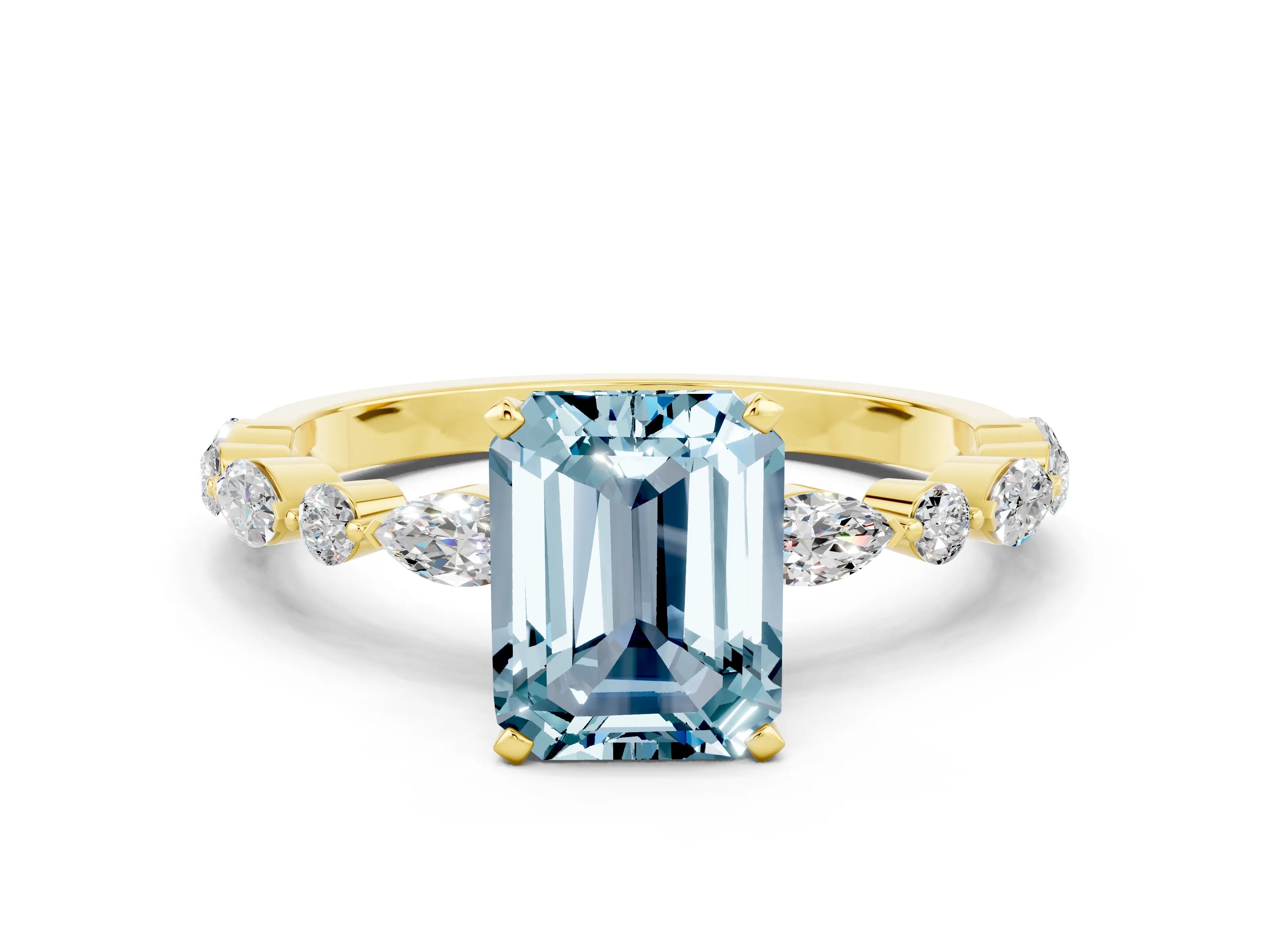 Yellow gold Emerald Cut Aquamarine Solitaire with Side Stones on a Pavé Band and Four-Prong Setting