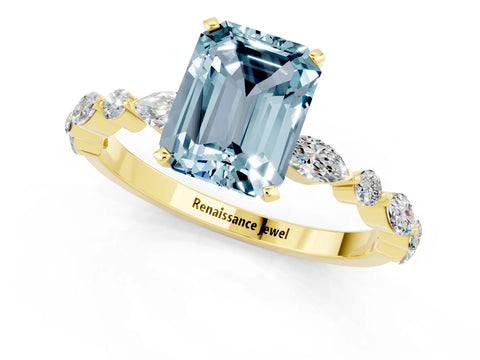 Yellow gold Emerald Cut Aquamarine Solitaire with Side Stones on a Pavé Band and Four-Prong Setting_1