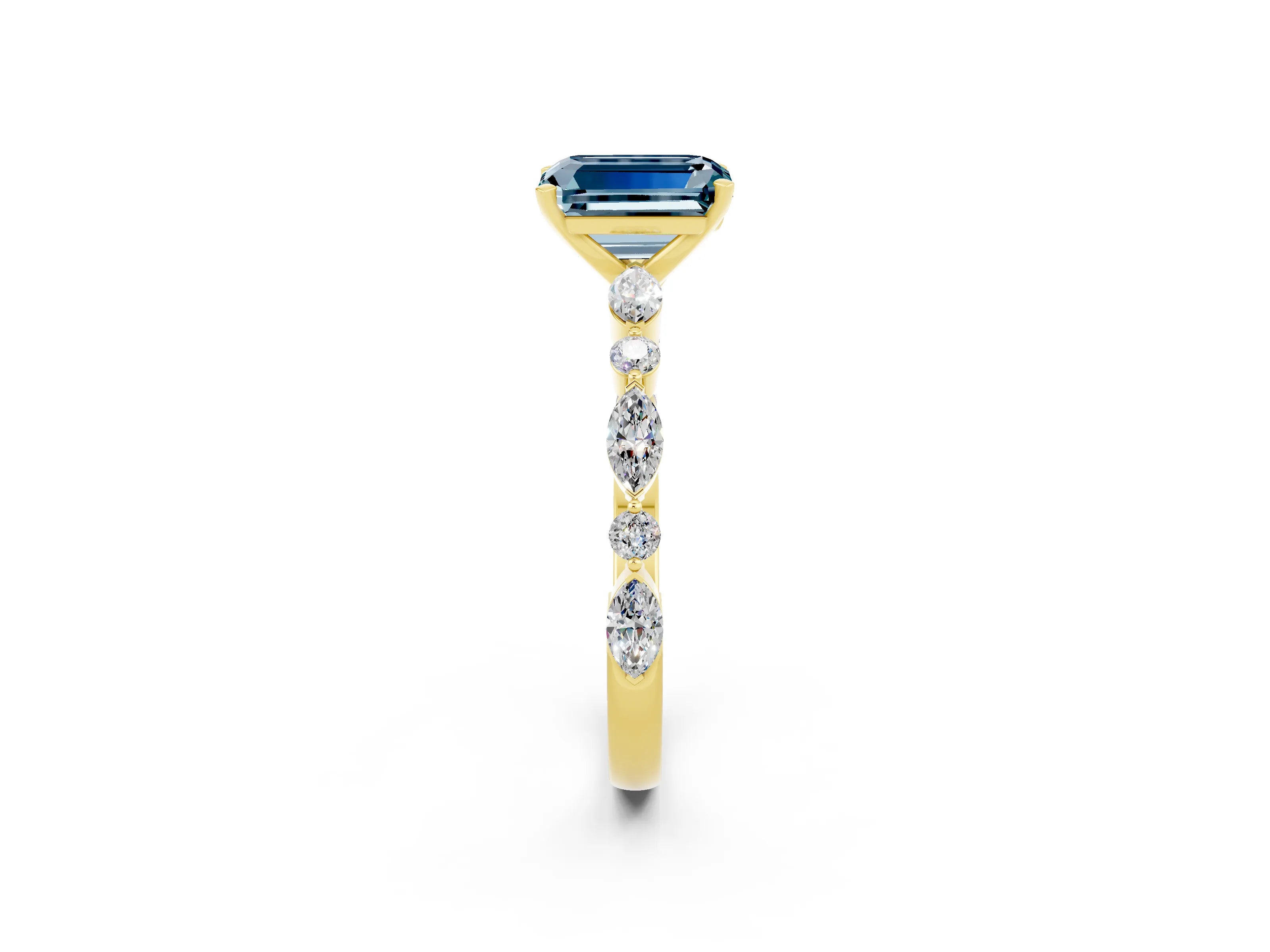 Yellow gold Emerald Cut Aquamarine Solitaire with Side Stones on a Pavé Band and Four-Prong Setting_2
