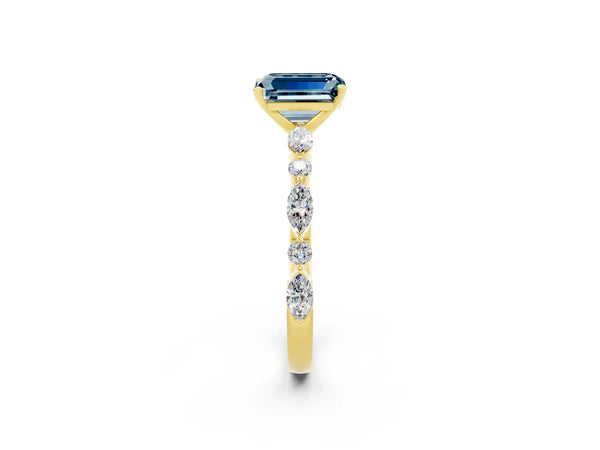 Yellow gold Emerald Cut Aquamarine Ring with Marquise and Round  Side Stones and Four-Prong Setting
