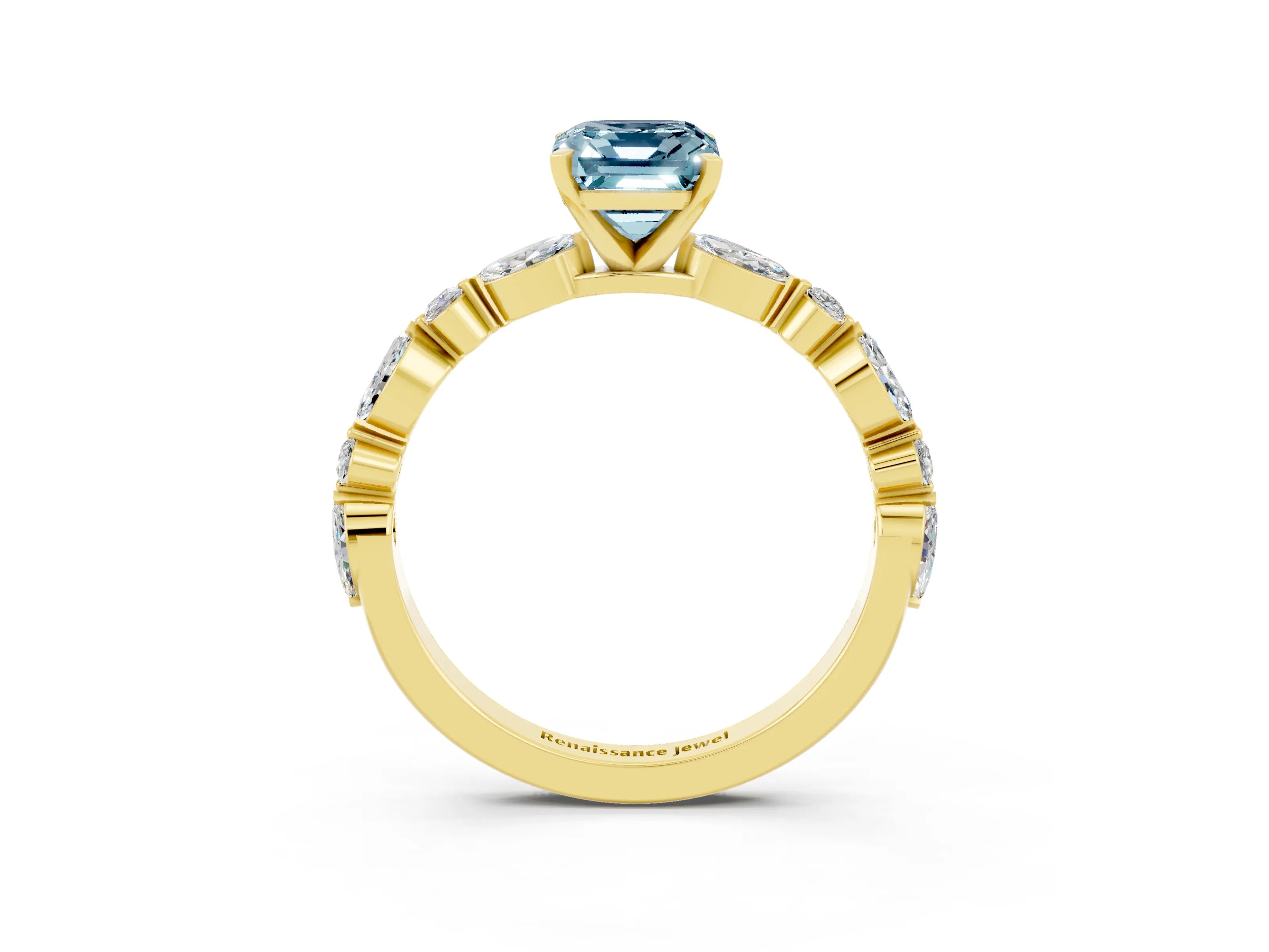 Yellow gold Emerald Cut Aquamarine Solitaire with Side Stones on a Pavé Band and Four-Prong Setting_3