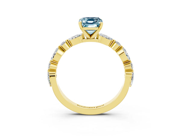 Yellow gold Emerald Cut Aquamarine Ring with Marquise and Round  Side Stones and Four-Prong Setting