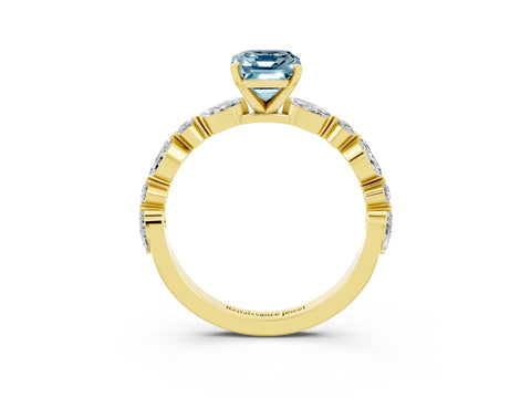 Yellow gold Emerald Cut Aquamarine Solitaire with Side Stones on a Pavé Band and Four-Prong Setting_3