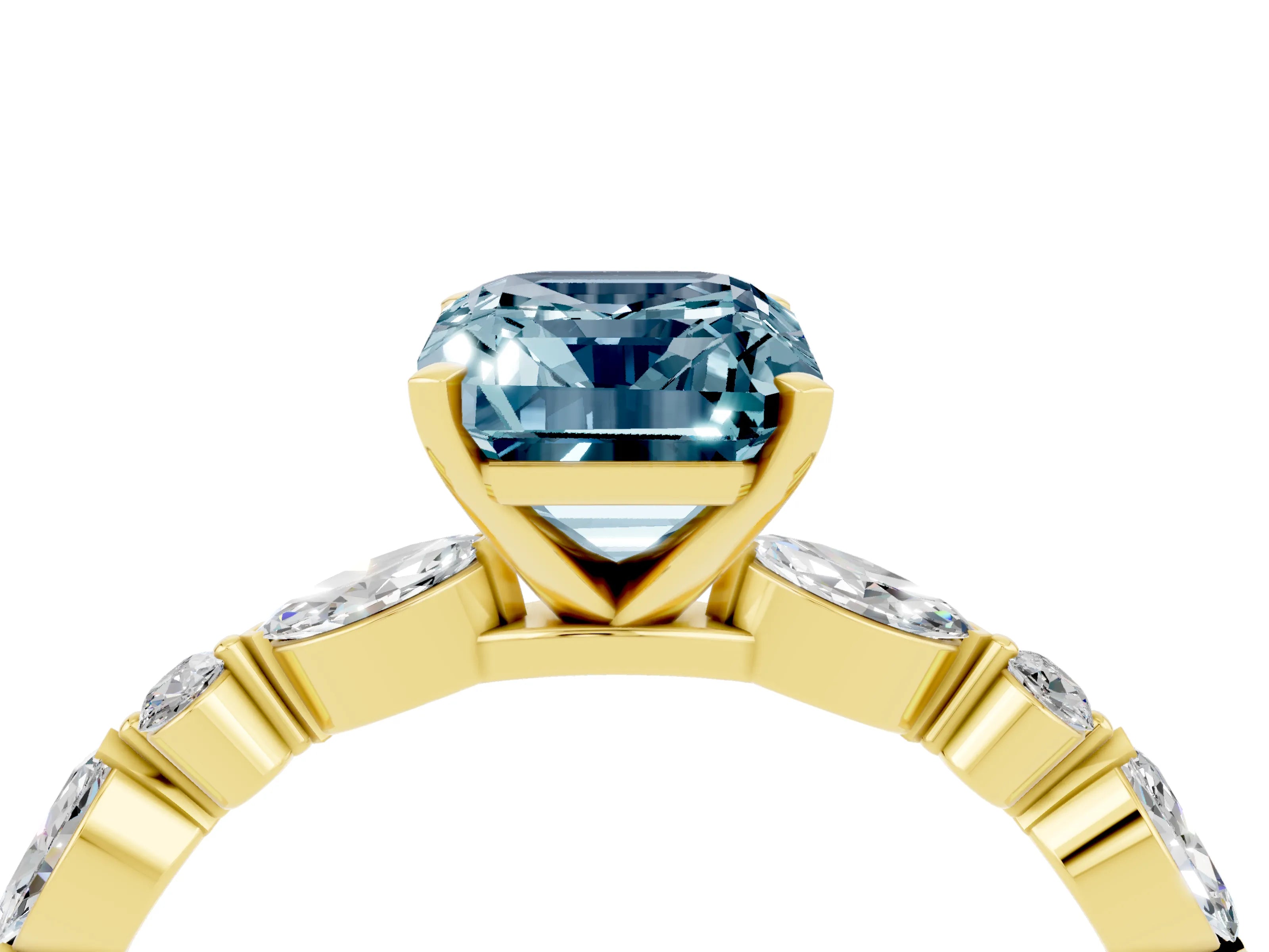 Yellow gold Emerald Cut Aquamarine Solitaire with Side Stones on a Pavé Band and Four-Prong Setting_4