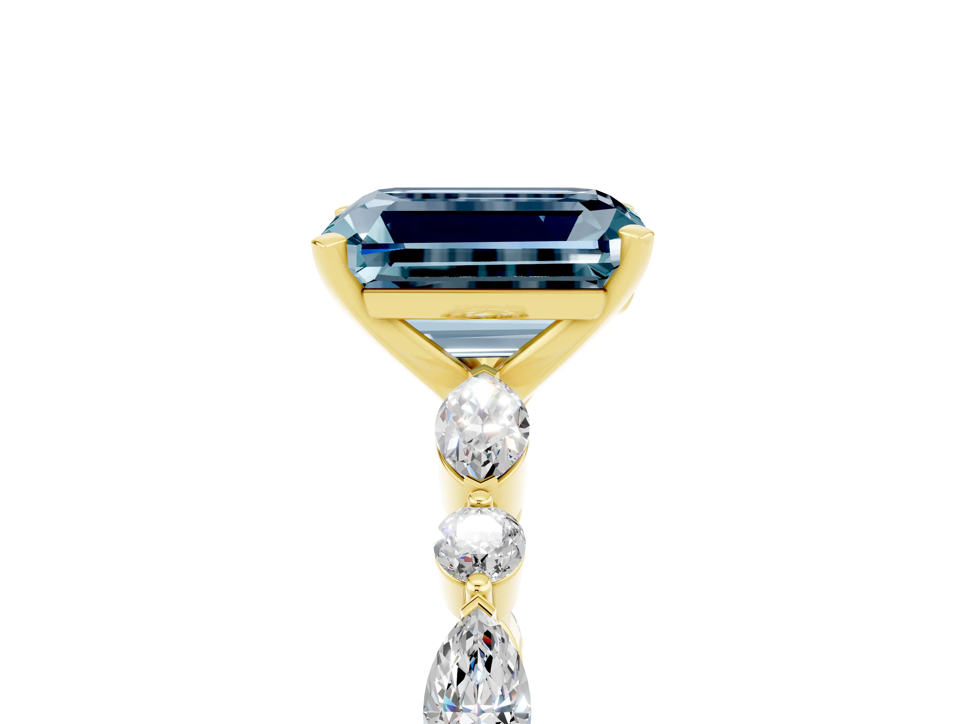 Yellow gold Emerald Cut Aquamarine Solitaire with Side Stones on a Pavé Band and Four-Prong Setting_5