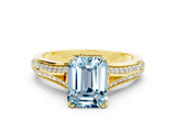 Yellow gold Emerald Cut Aquamarine Split Shank Engagement Ring with Pavé Band