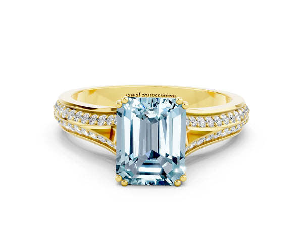 Yellow gold Emerald Cut Aquamarine Split Shank Engagement Ring with Pavé Band