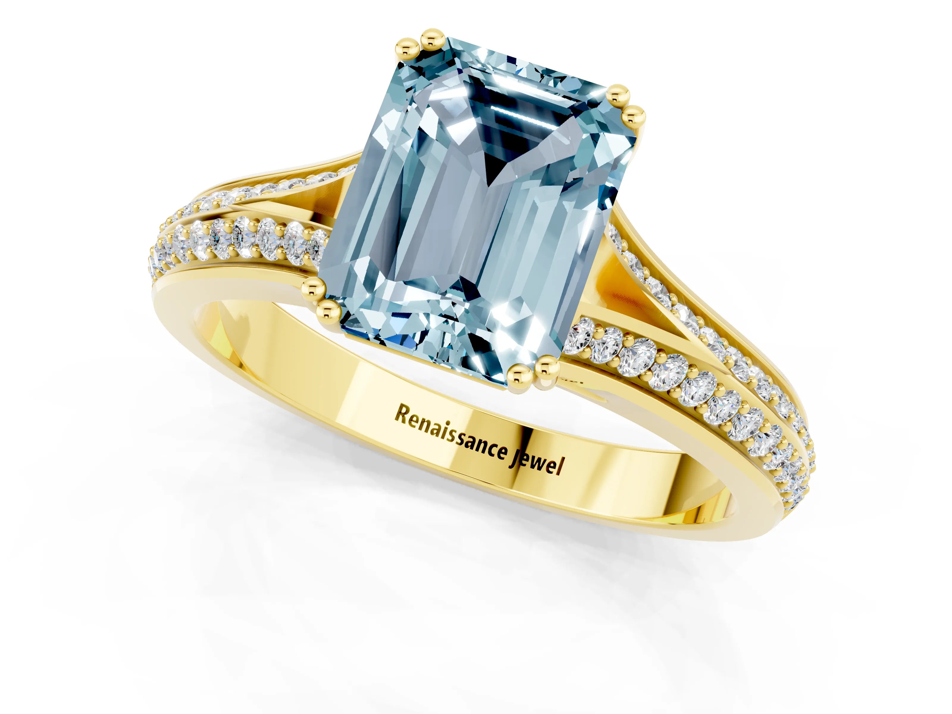 Yellow gold Emerald Cut Aquamarine Split Shank Engagement Ring with Pavé Band_1