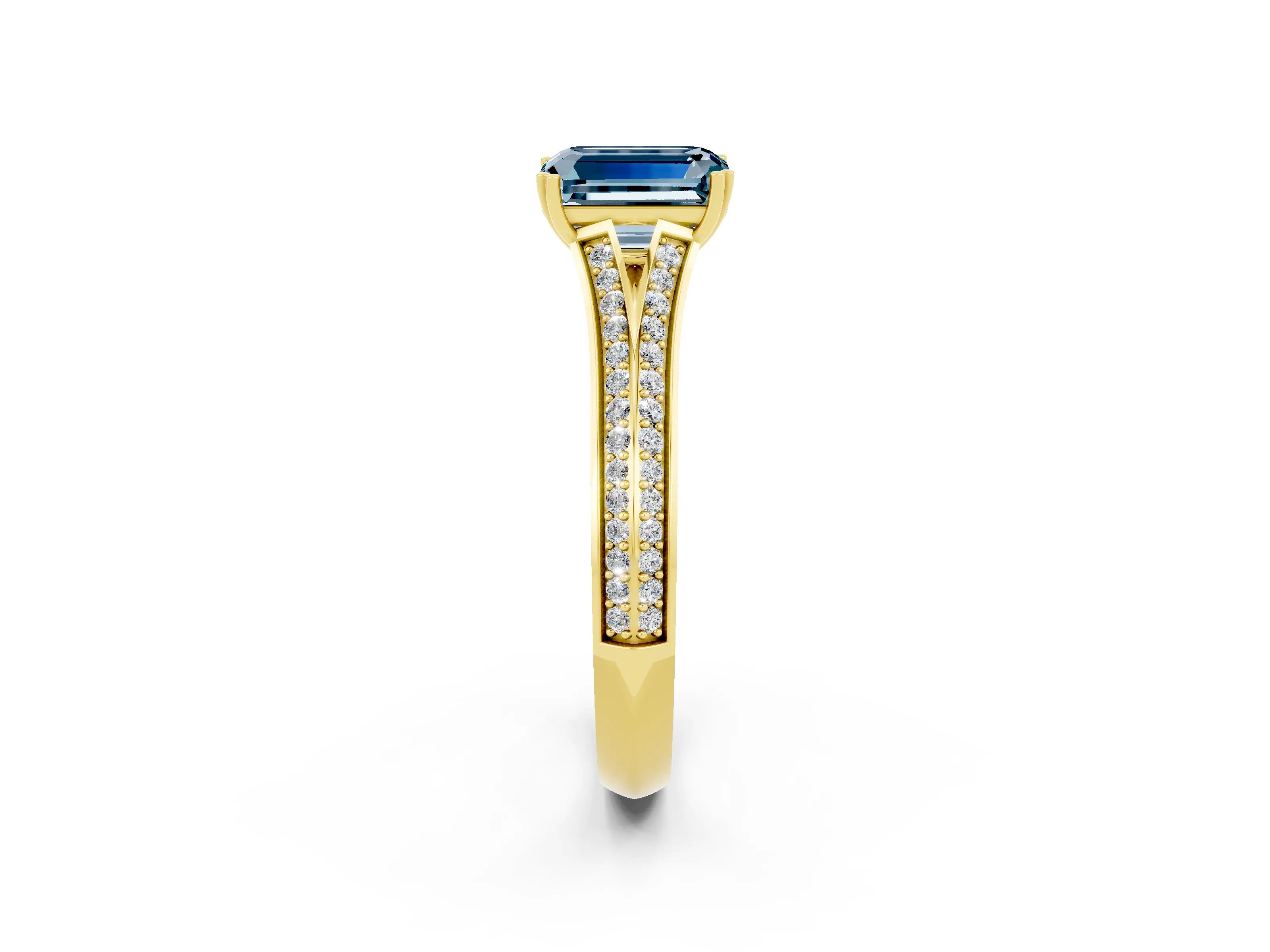 Yellow gold Emerald Cut Aquamarine Split Shank Engagement Ring with Pavé Band_2