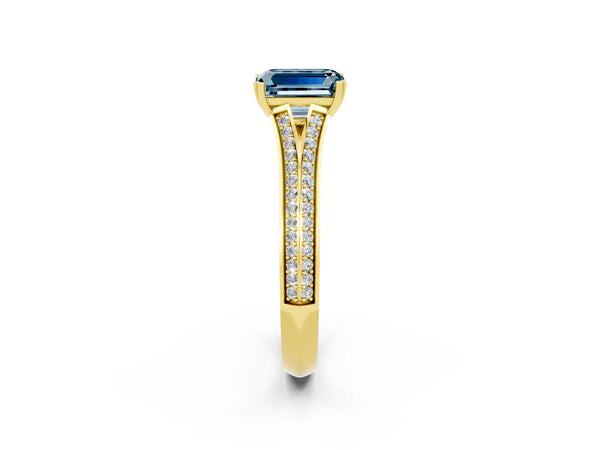 Yellow gold Emerald Cut Aquamarine Split Shank Engagement Ring with Pavé Band