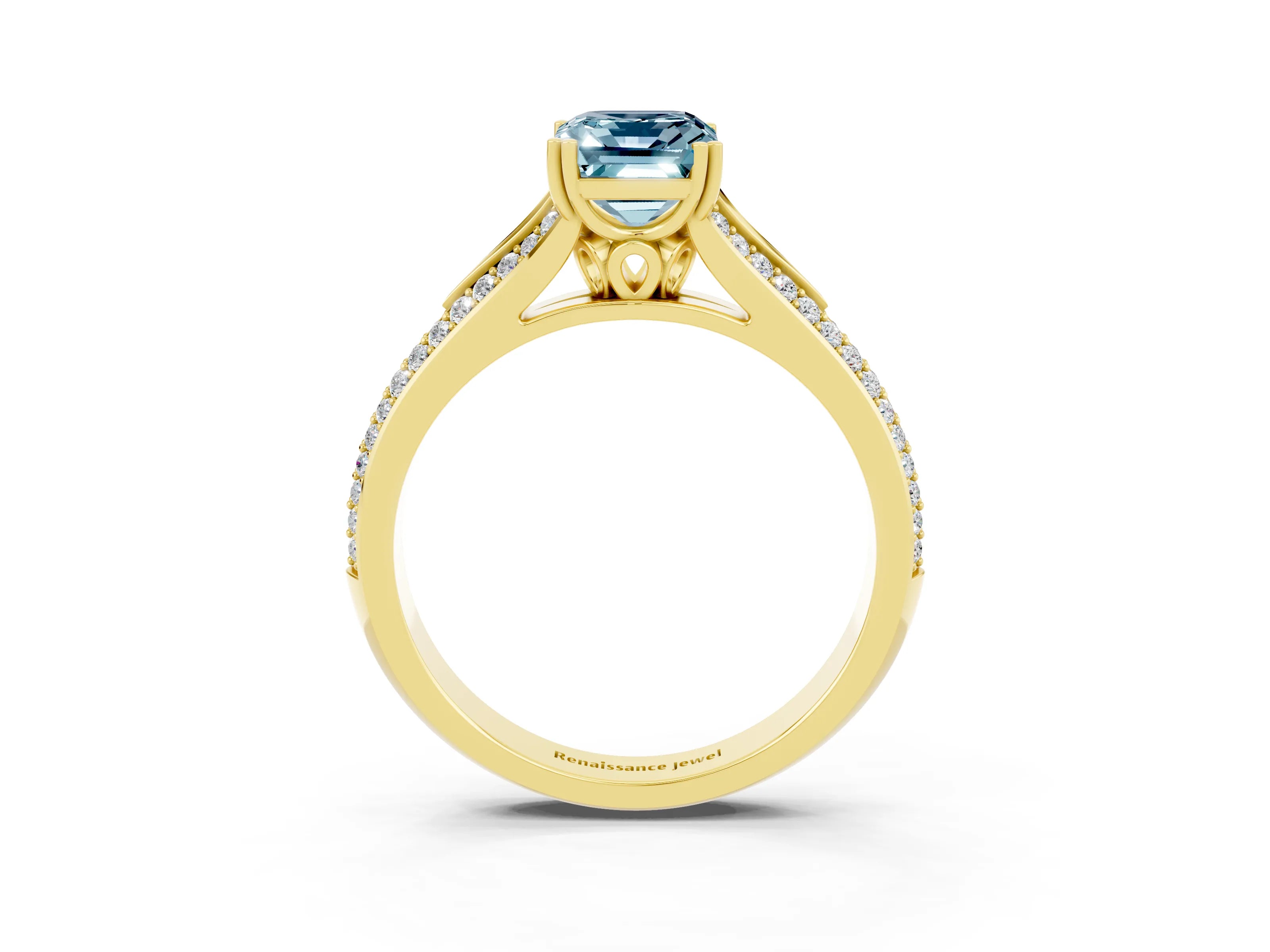 Yellow gold Emerald Cut Aquamarine Split Shank Engagement Ring with Pavé Band_3