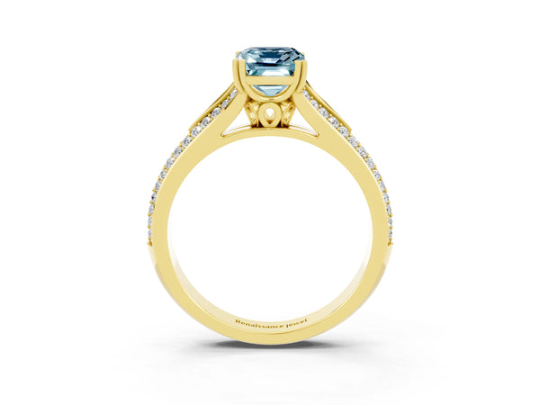 Yellow gold Emerald Cut Aquamarine Split Shank Engagement Ring with Pavé Band