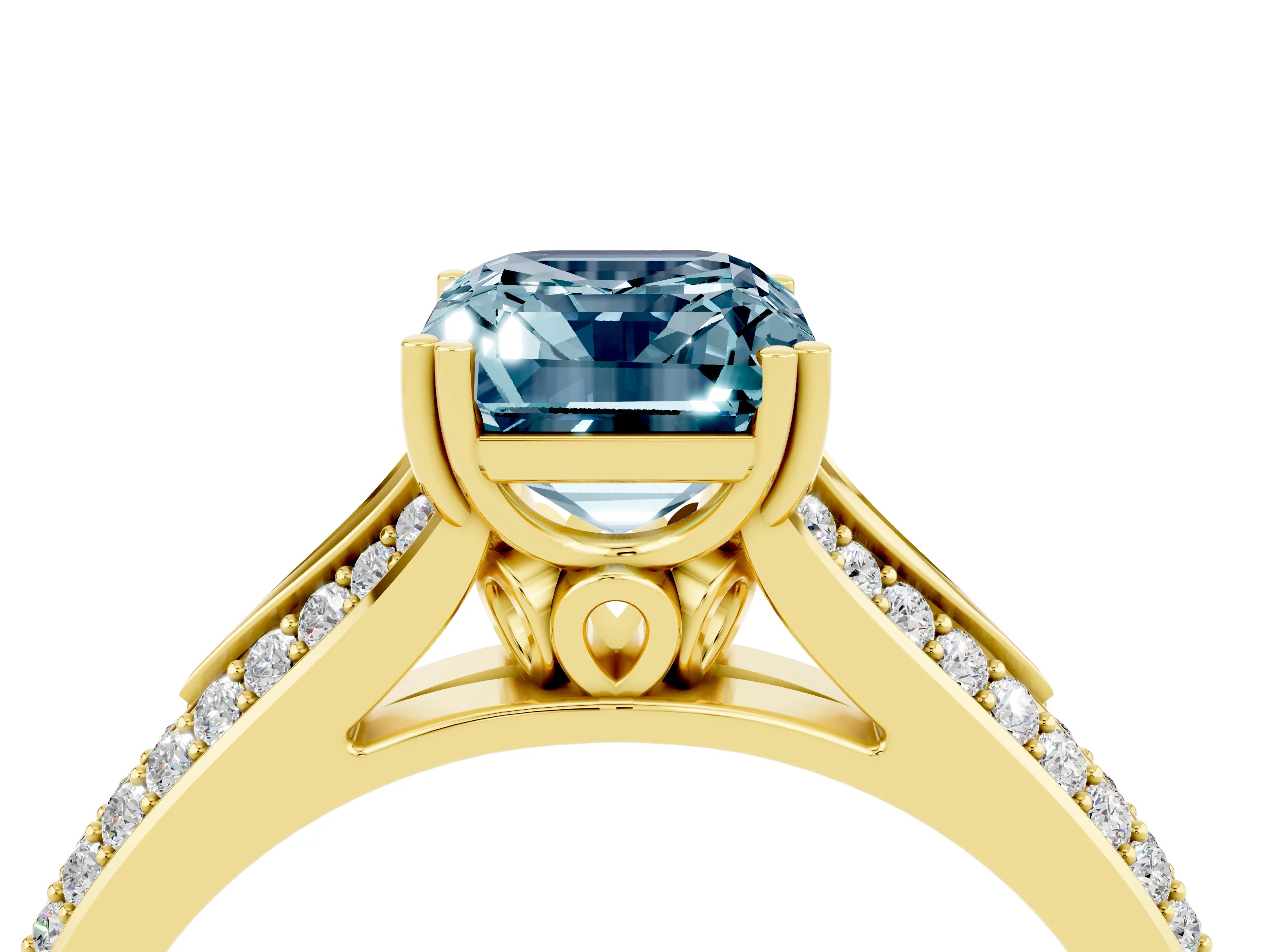 Yellow gold Emerald Cut Aquamarine Split Shank Engagement Ring with Pavé Band_4