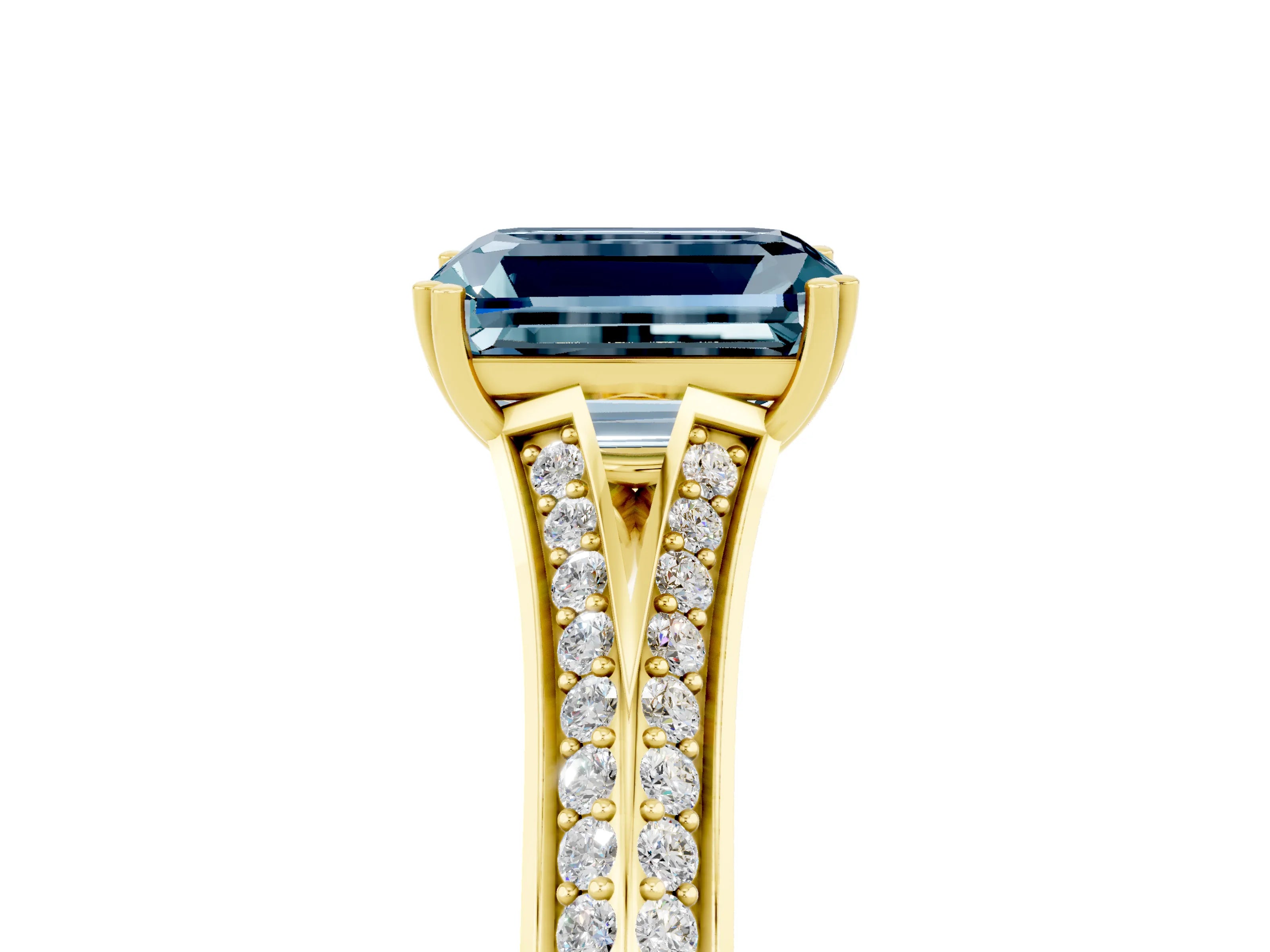Yellow gold Emerald Cut Aquamarine Split Shank Engagement Ring with Pavé Band_5